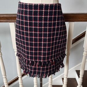Zara Navy & Red Plaid Tweed Pencil Skirt with Fringe